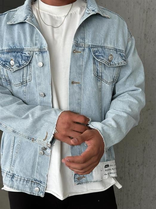 Buz Mavi Düğmeli Sırt Baskılı Kol Pis Kesim Kot Ceket VS5039