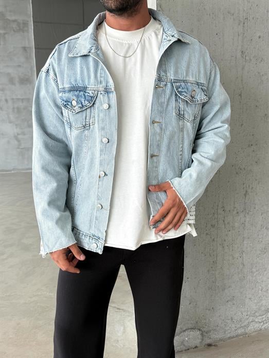 Buz Mavi Düğmeli Sırt Baskılı Kol Pis Kesim Kot Ceket VS5039