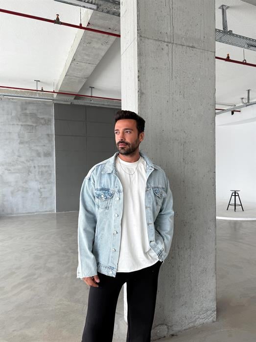 Buz Mavi Düğmeli Sırt Baskılı Kol Pis Kesim Kot Ceket VS5039