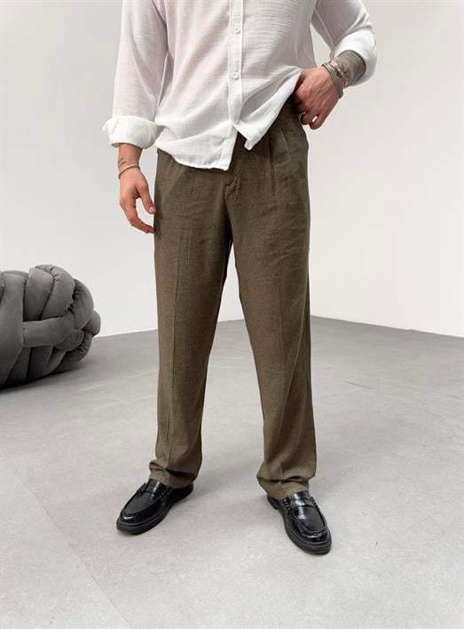 Haki Bol Kesim Baggy Keten Kumaş Pantolon SNZ 1002