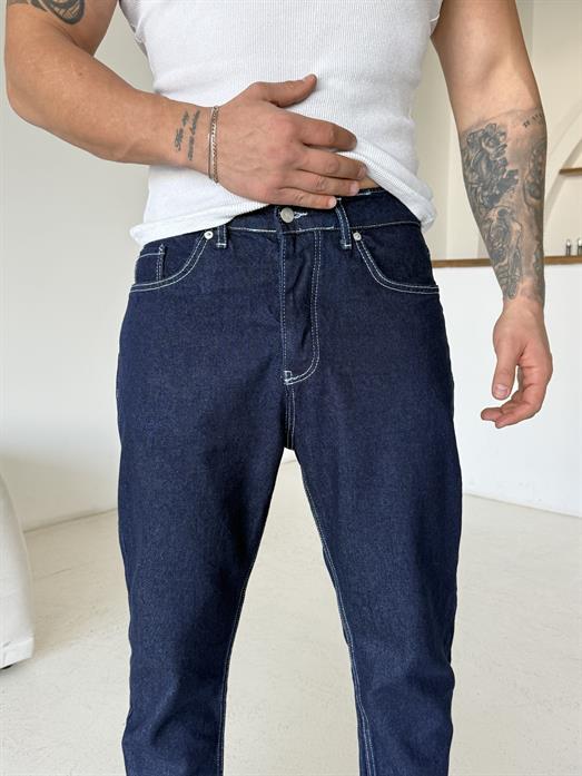 Lacivert Beyaz Dikişli Boy Friend Kot Pantalon DM 658