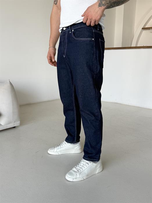 Lacivert Beyaz Dikişli Boy Friend Kot Pantalon DM 658