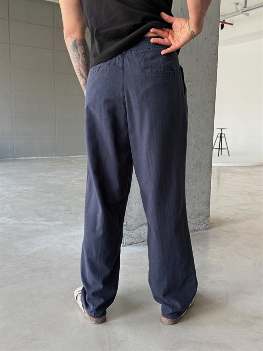 Lacivert Lastikli Ham Keten Baggy Pantalon SNZ 1395