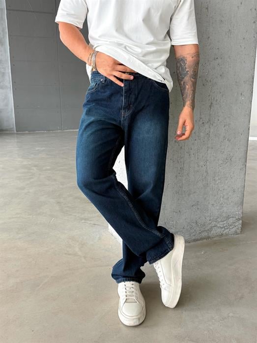 Lacivert Yeşil Taşlı Düz Baggy Kot Pantolon DM