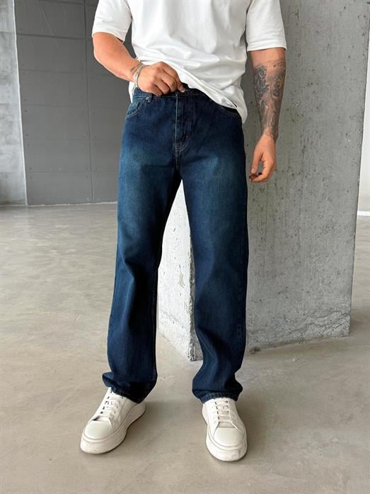 Lacivert Yeşil Taşlı Düz Baggy Kot Pantolon DM