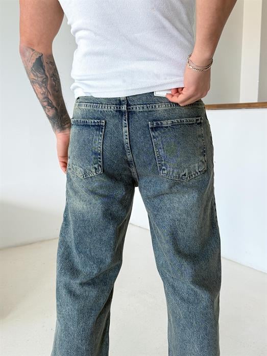Mavi Taşlaması Yeşil Baggy Kot Pantalon 646-1