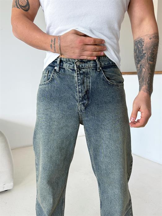Mavi Taşlaması Yeşil Baggy Kot Pantalon 646-1