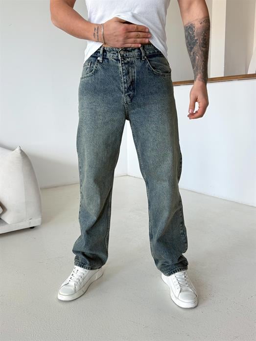 Mavi Taşlaması Yeşil Baggy Kot Pantalon 646-1