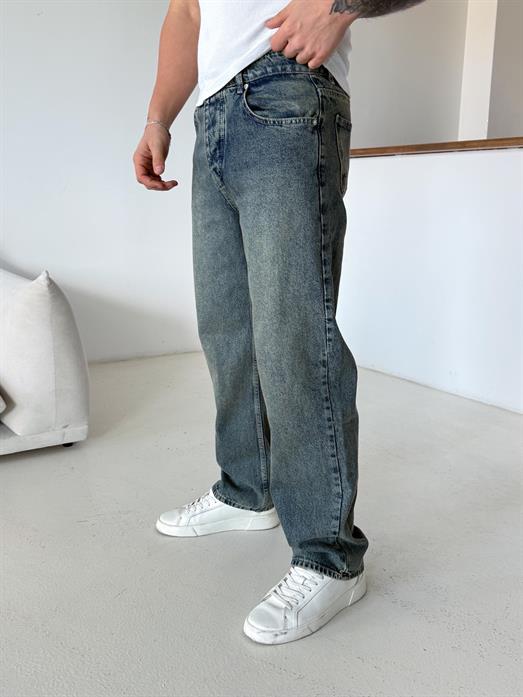 Mavi Taşlaması Yeşil Baggy Kot Pantalon 646-1