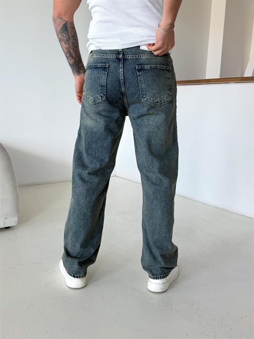 Mavi Taşlaması Yeşil Baggy Kot Pantalon 646-1