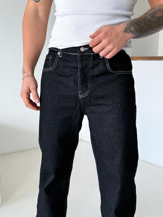 Siyah Dikiş Beyaz Baggy Kot Pantalon 644