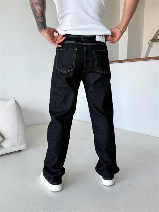 Siyah Dikiş Beyaz Baggy Kot Pantalon 644