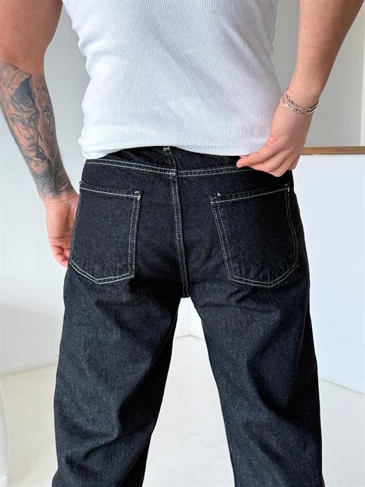 Siyah Dikiş Beyaz Baggy Kot Pantalon 644