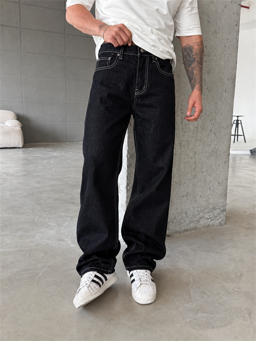 Siyah Dikiş Detaylı Baggy Kot Pantolon MOB