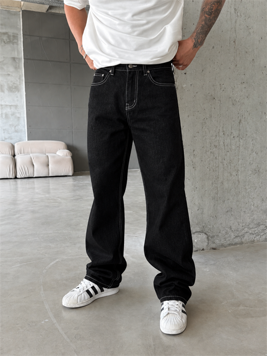 Siyah Dikiş Detaylı Baggy Kot Pantolon MOB
