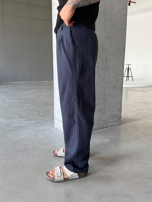 Siyah Lastikli Ham Keten Baggy Pantalon SNZ 1395