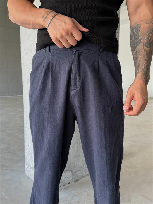 Siyah Lastikli Ham Keten Baggy Pantalon SNZ 1395