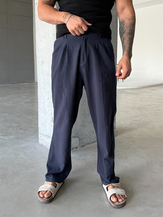 Siyah Lastikli Ham Keten Baggy Pantalon SNZ 1395