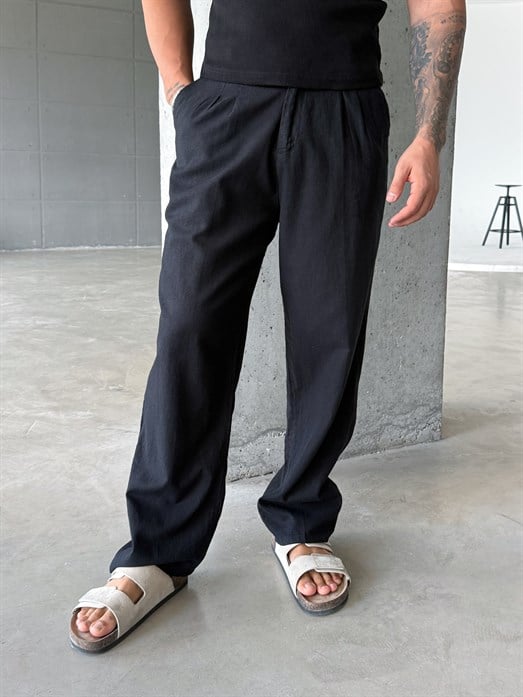Siyah Lastikli Ham Keten Baggy Pantalon SNZ 1395