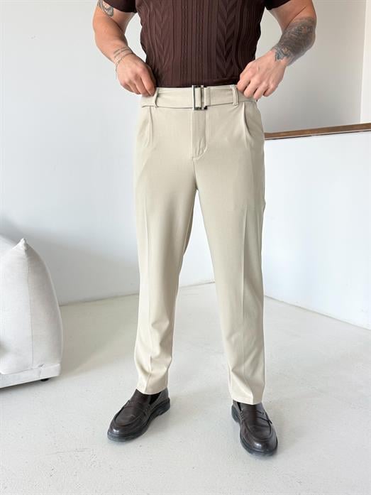 Bej Kendi Kemerli Regular Fit Bezayağı Kumaş Pant N1344