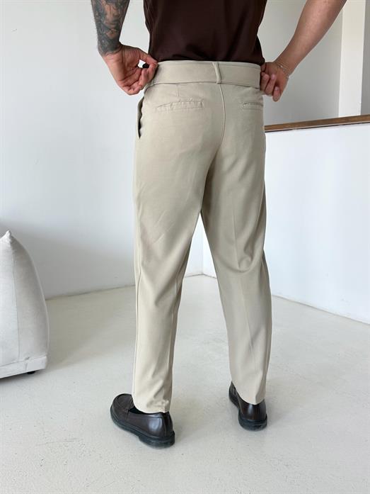 Bej Kendi Kemerli Regular Fit Bezayağı Kumaş Pant N1344