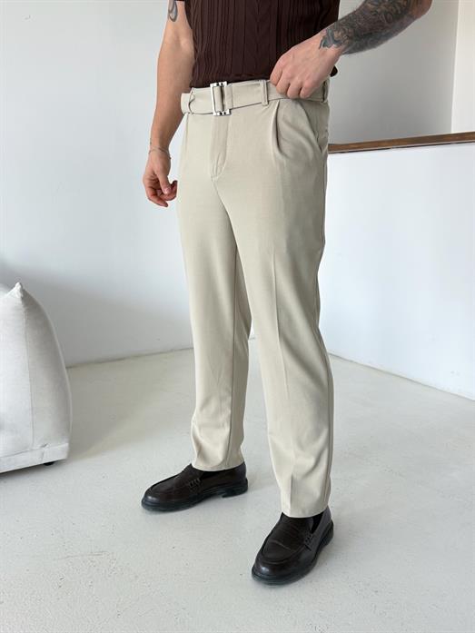 Bej Kendi Kemerli Regular Fit Bezayağı Kumaş Pant N1344