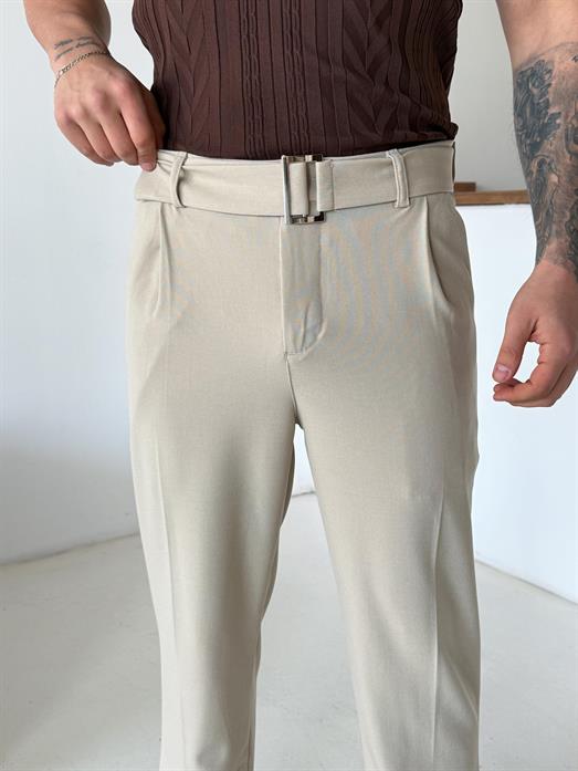 Bej Kendi Kemerli Regular Fit Bezayağı Kumaş Pant N1344