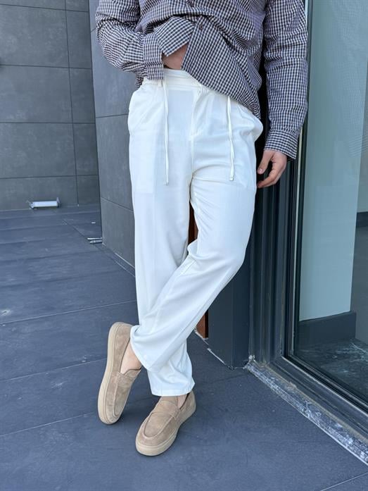 Beyaz Lastikli Bağcıklı Pamuk Bezayağı Regular Fit Kumaş Pant snz 1265