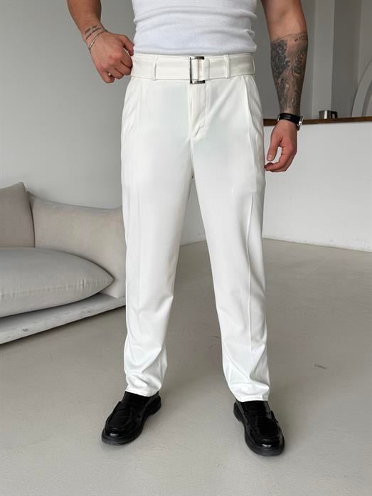 Ekru Kendi Kemerli Regular Fit Bezayağı Kumaş Pant N1344
