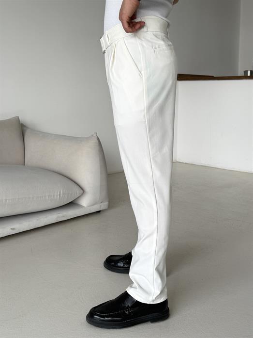 Ekru Kendi Kemerli Regular Fit Bezayağı Kumaş Pant N1344