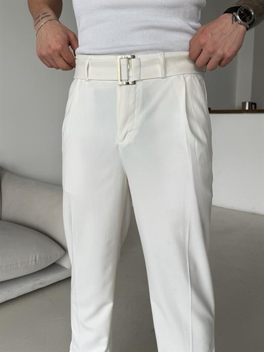 Ekru Kendi Kemerli Regular Fit Bezayağı Kumaş Pant N1344