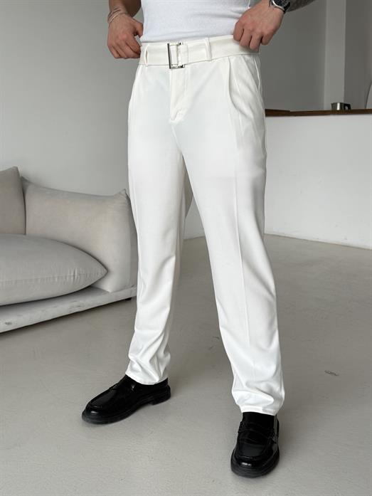 Ekru Kendi Kemerli Regular Fit Bezayağı Kumaş Pant N1344