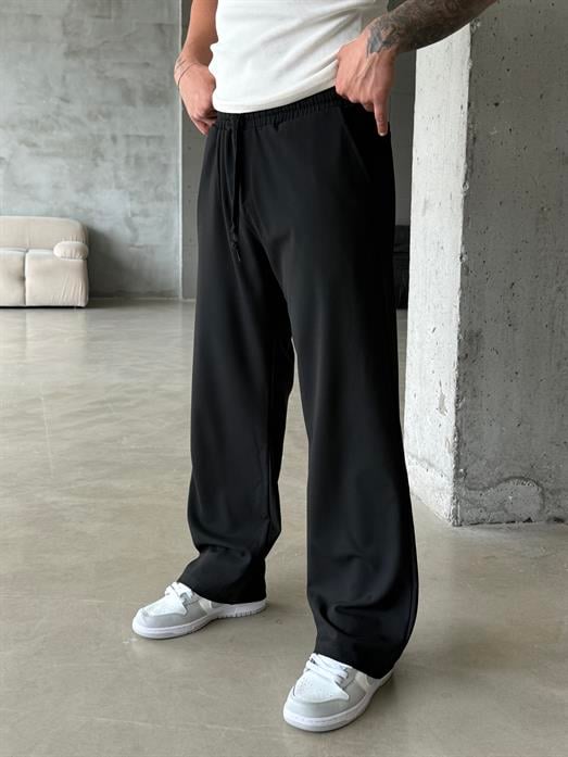 Siyah Bol Basic Bağcıklı Kumaş Pantalon SC