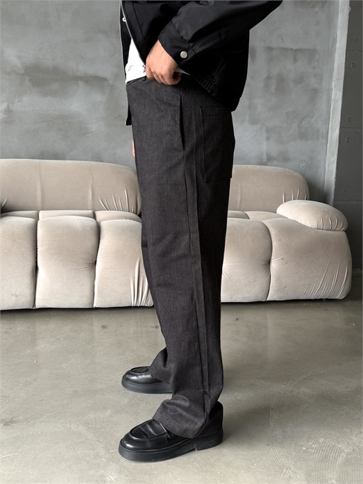Siyah Kalın Tok Kumaş Kore Kalıp Pantalon 5603 KN