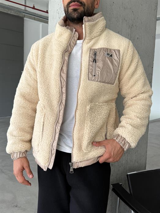 Bej Dik Yaka Astarlı Peluş Mont GVZ