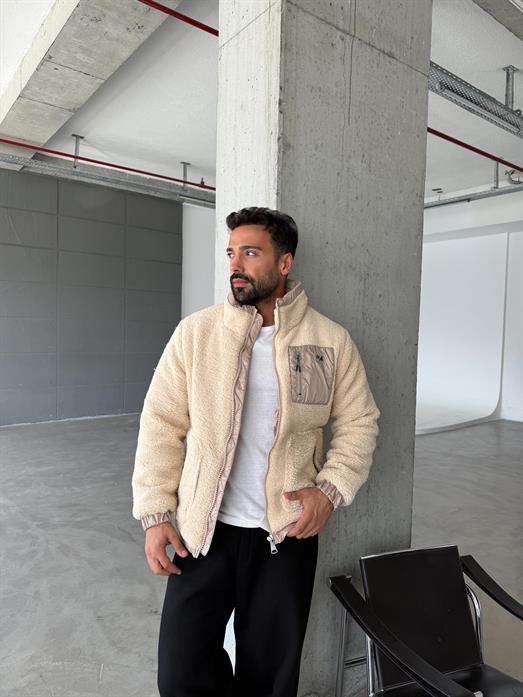 Bej Dik Yaka Astarlı Peluş Mont GVZ