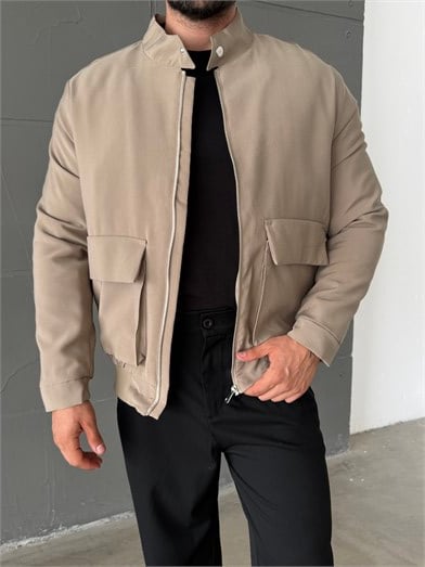Bej Gabardin Dolumlu Dik Yaka Cep Kapaklı Mont SNZ 6359