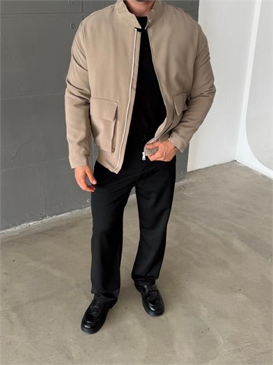 Bej Gabardin Dolumlu Dik Yaka Cep Kapaklı Mont SNZ 6359