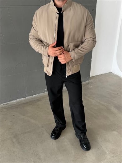 Bej Gabardin Dolumlu Dik Yaka Cep Kapaklı Mont SNZ 6359