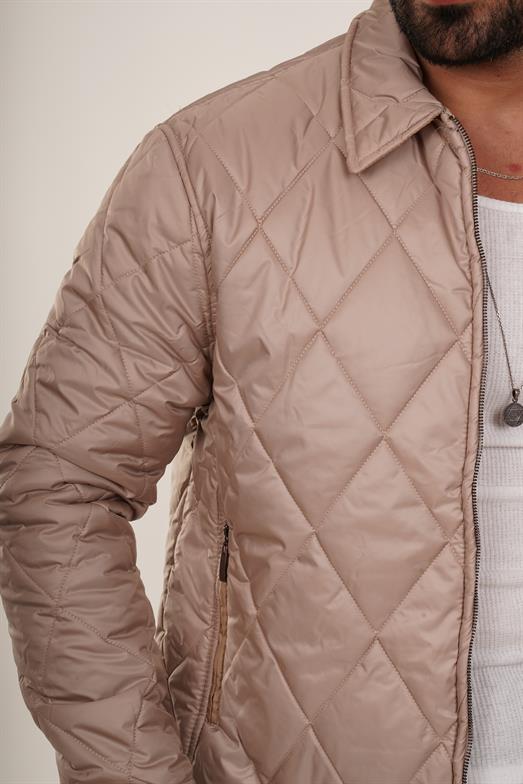 Bej Geniş Baklava Desenli Kapitone Mont PNC 5064