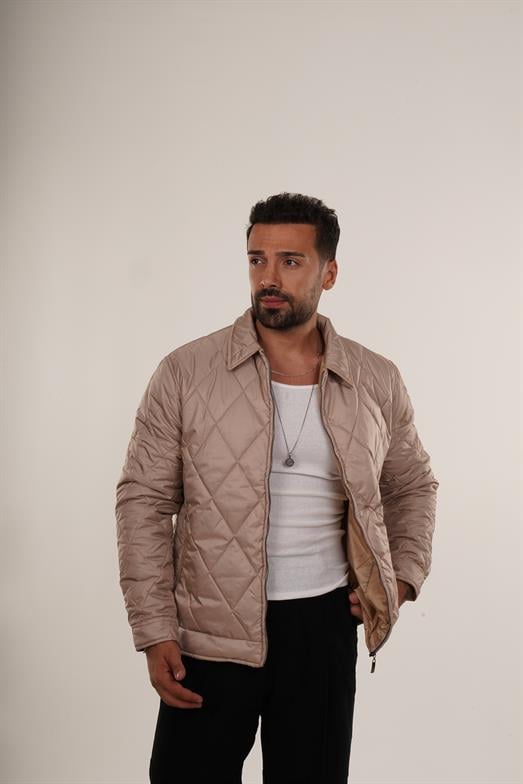 Bej Geniş Baklava Desenli Kapitone Mont PNC 5064