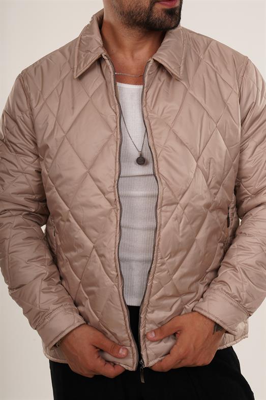 Bej Geniş Baklava Desenli Kapitone Mont PNC 5064