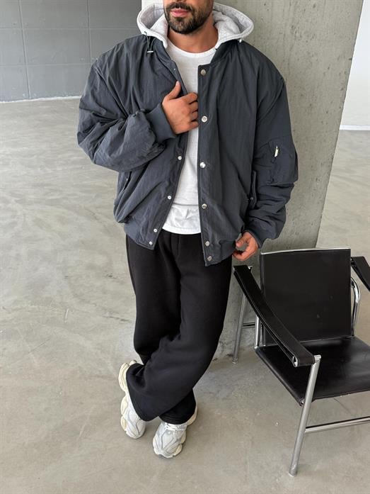 Gri Bomber Seyyar Kapşonlu Mont LNS