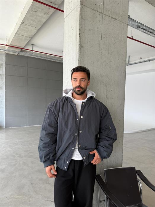 Gri Bomber Seyyar Kapşonlu Mont LNS