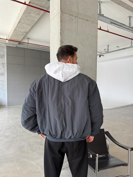 Gri Bomber Seyyar Kapşonlu Mont LNS