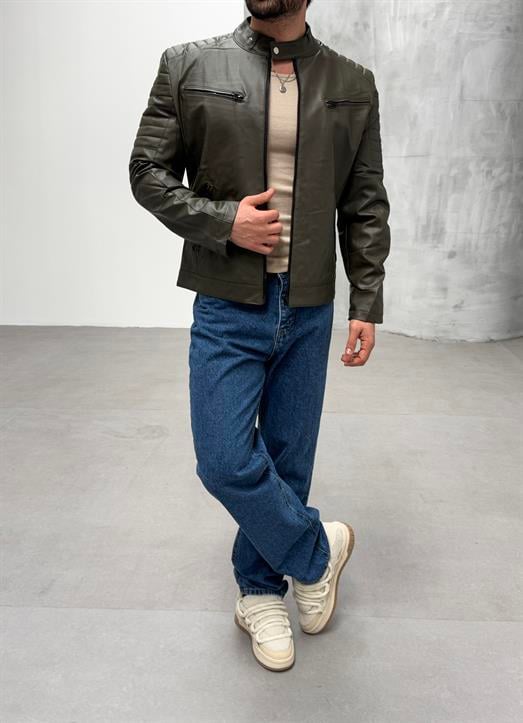 Haki Göğüs Çift Cepli Omuz Nervurlu Deri Ceket