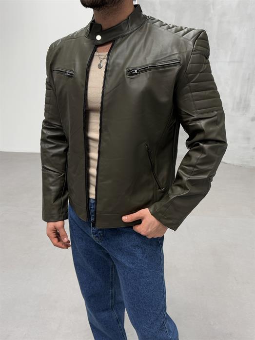 Haki Göğüs Çift Cepli Omuz Nervurlu Deri Ceket