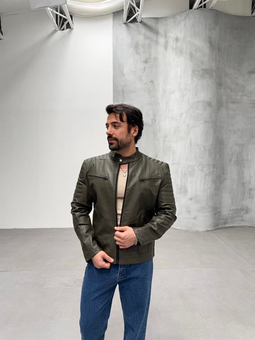 Haki Göğüs Çift Cepli Omuz Nervurlu Deri Ceket