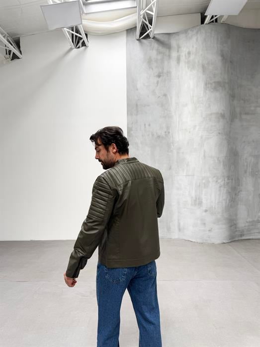 Haki Göğüs Çift Cepli Omuz Nervurlu Deri Ceket