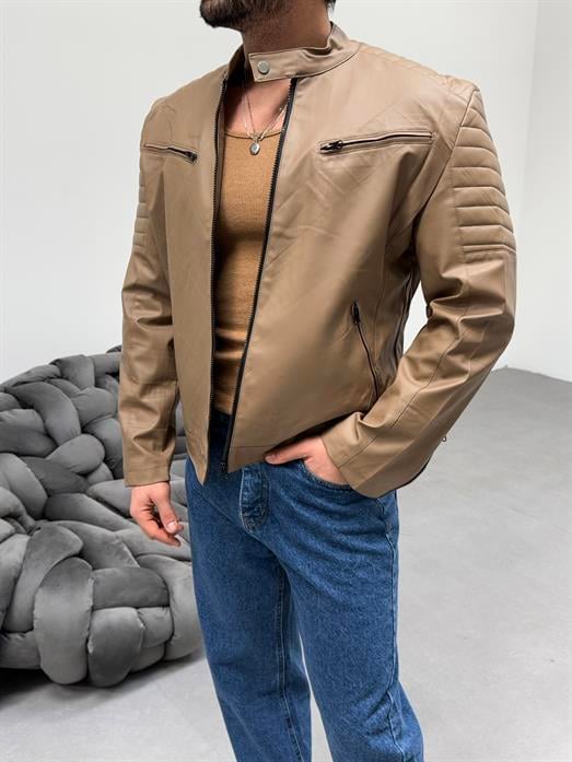 Krem Göğüs Çift Cepli Omuz Nervurlu Deri Ceket